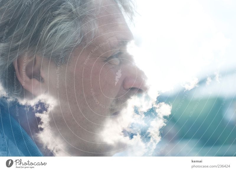 The dear God Human being Masculine Man Adults Life Head Eyes Ear Nose 1 45 - 60 years Clouds Beautiful weather Bright Double exposure Smoke Hair and hairstyles