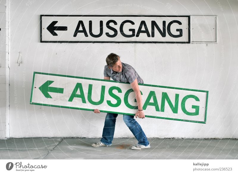 decision maker Human being Masculine Man Adults 1 Wall (barrier) Wall (building) Sign Characters Arrow Carrying Way out Decide Direction Orientation