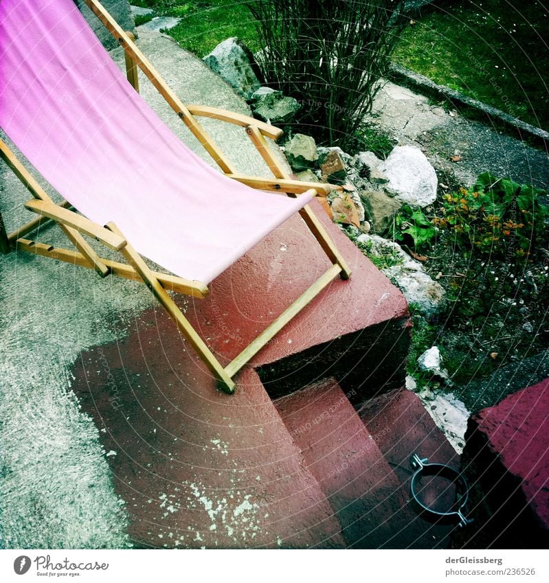 deckchair Relaxation Summer Garden Deckchair Green Pink Stairs Wood Bushes Comfy chair Colour photo Multicoloured Exterior shot Day Deserted Yellowed 1