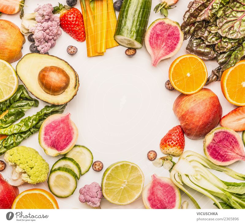 Fruit and vegetable frame on white Food Vegetable Lettuce Salad Apple Orange Nutrition Organic produce Vegetarian diet Diet Style Design Healthy Healthy Eating