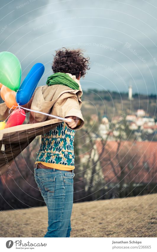 young woman with balloon on the mountain at a city Lifestyle Joy luck Leisure and hobbies Playing Vacation & Travel Human being Feminine Young woman