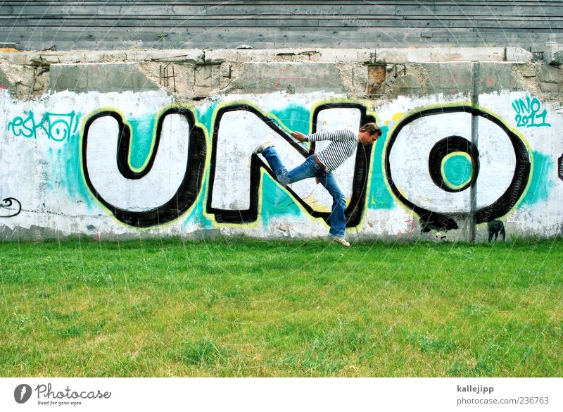 BARCA! Meadow Graffiti Jump Colour photo Multicoloured Exterior shot Light Shadow Contrast Full-length Downward 1 Man Capital letter