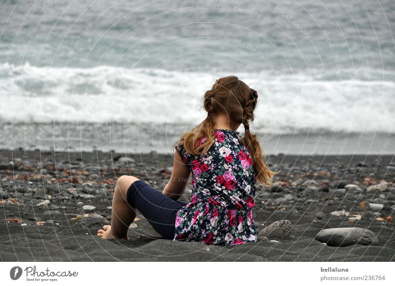 stone on stone Human being Feminine Child Girl Infancy Life Hair and hairstyles Back Arm Legs 1 Sand Water Summer Waves Beach Ocean Sit Playing Effortless