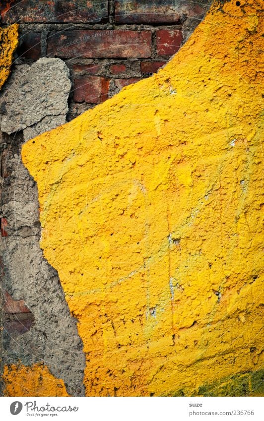 image Wall (barrier) Wall (building) Facade Brick Old Dirty Sharp-edged Simple Broken Yellow Gray Decline Past Transience Plaster Ravages of time Brick wall