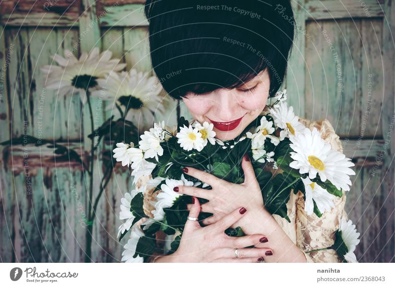 Young woman hugging a bouquet of flowers Lifestyle Style Design Beautiful Wellness Harmonious Senses Valentine's Day Mother's Day Wedding Human being Feminine