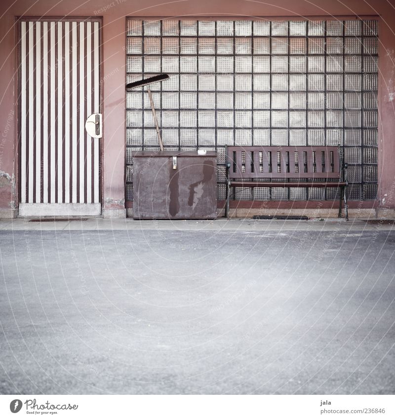 seat Manmade structures Building Architecture Window Door Glass block Gloomy Bench Broom Chest Colour photo Exterior shot Deserted Copy Space bottom Day Asphalt