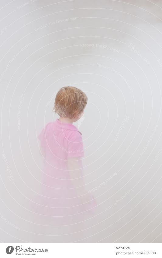 Child in the fog Girl Head Hair and hairstyles 1 Human being 3 - 8 years Infancy Air Fog Dress Gray Pink Subdued colour Exterior shot Neutral Background Day