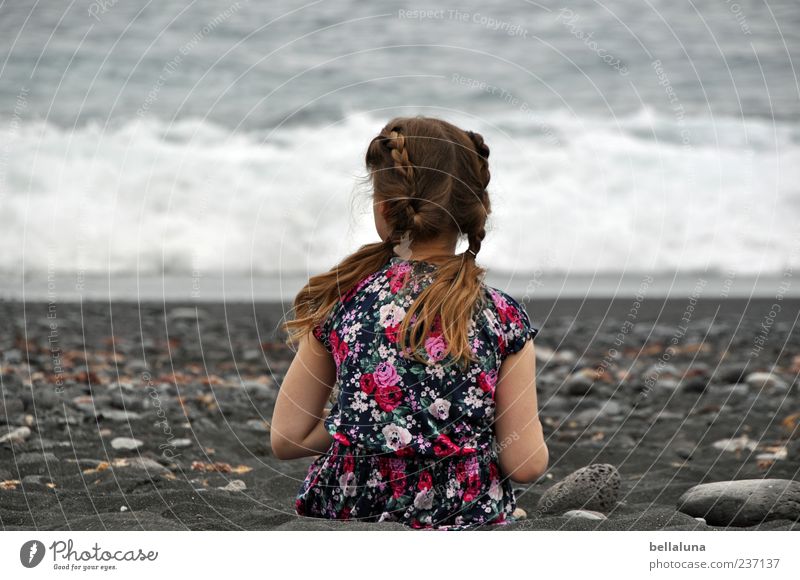 Number three. Human being Feminine Child Girl Infancy Life Head Hair and hairstyles Back Arm 1 Water Summer Beautiful weather Waves Beach Ocean Sit Lava beach