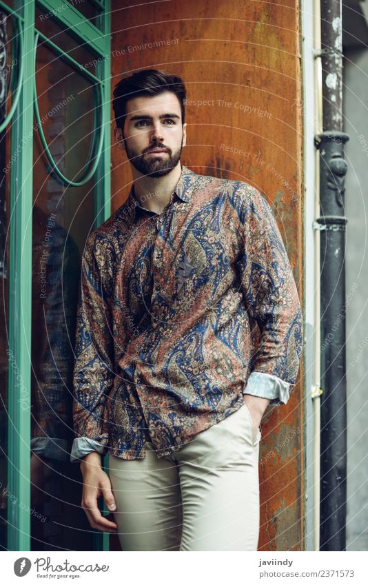 Young bearded man wearing modern shirt in the street Lifestyle Style Beautiful Hair and hairstyles Human being Masculine Young man Youth (Young adults) Man