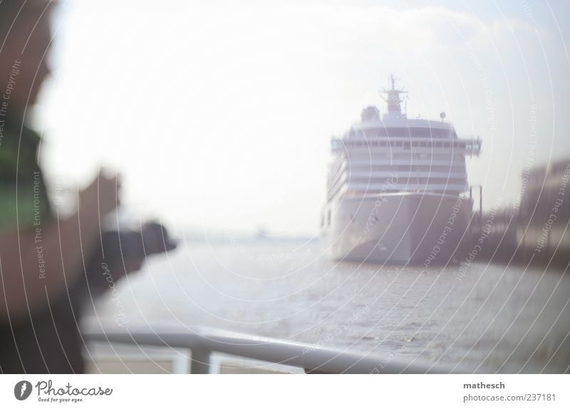port romance Camera Human being Masculine Man Adults 1 Water Sky Navigation Cruise Cruise liner Harbour Blue White Take a photo Railing Channel