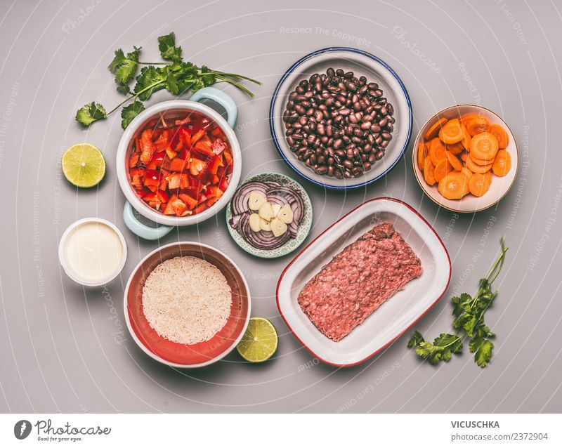 Ingredients for a balanced meal Food Meat Vegetable Grain Nutrition Lunch Dinner Organic produce Crockery Bowl Style Design Healthy Kitchen Rice Beans Balanced