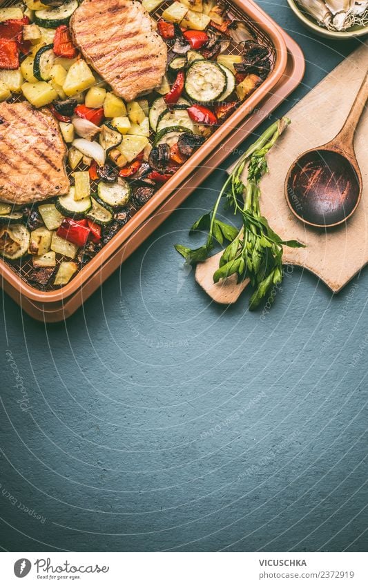 Grilled vegetables and meat on a grill tray Food Meat Vegetable Nutrition Lunch Dinner Organic produce Diet Crockery Style Design Healthy Eating