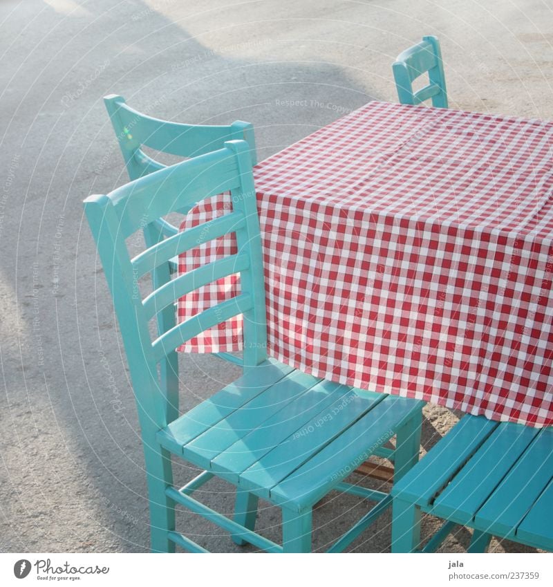 Table and cover! Chair Multicoloured Checkered Turquoise Restaurant Colour photo Exterior shot Deserted Day Tablecloth Sidewalk restaurant Empty Shadow 4
