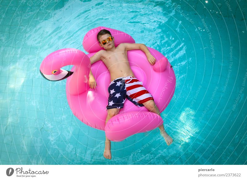 Young boy on top of an inflatable flamingo in a swimming pool Lifestyle Joy Relaxation Swimming pool Leisure and hobbies Vacation & Travel Summer Sun Sunbathing
