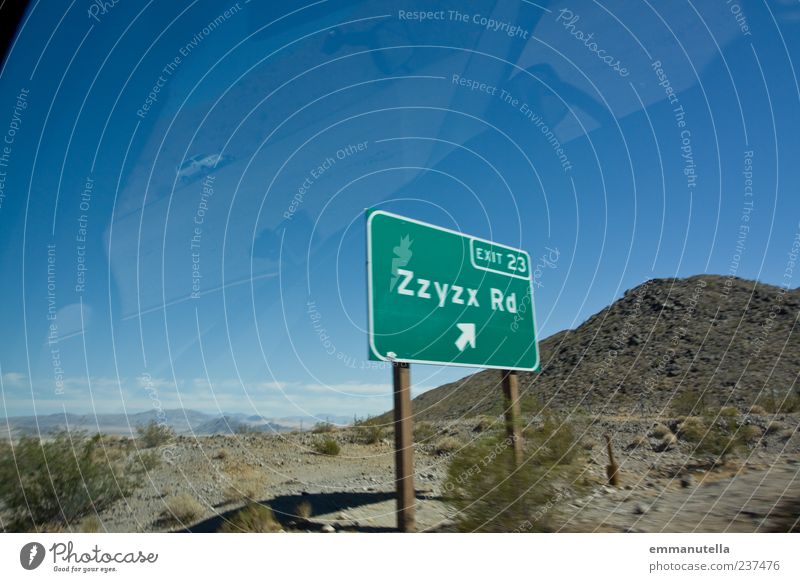 Zzyzx Road Mojave Desert Nature Landscape Summer Beautiful weather Bushes Deserted Road sign Whimsical Tourism zzyzx California mojave desert Colour photo