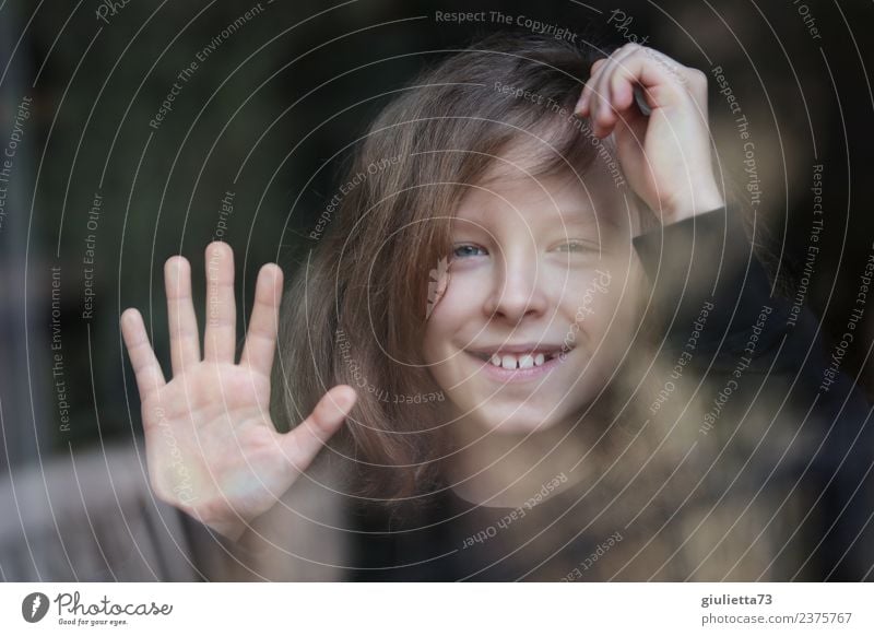 Hello! | Portrait of a smiling boy mirrored in a window Child Boy (child) Infancy 1 Human being 8 - 13 years Long-haired Glass Touch Smiling Laughter Looking