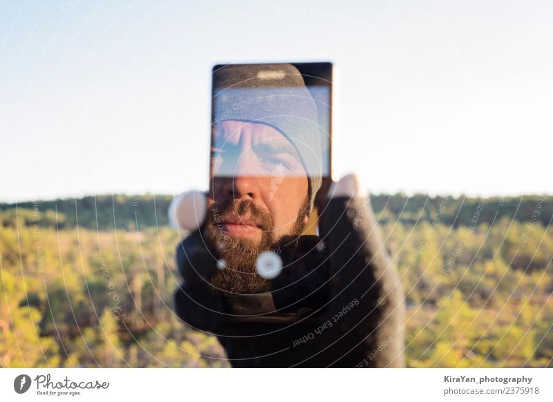 Bearded man taking selfie Lifestyle Face Leisure and hobbies Vacation & Travel Tourism Telephone PDA Screen Camera Man Adults Hand Nature Autumn Forest Smiling