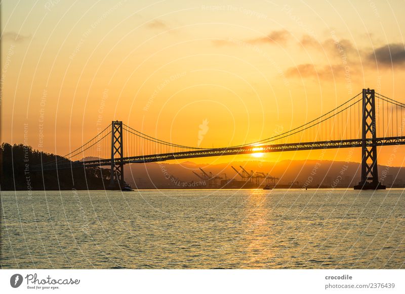 # 751 Oakland Bay Bridge San Francisco Harbour Ocean Sunrise Jetty Calm Back-light Colour photo Orange Light Suspension bridge Loneliness Crane
