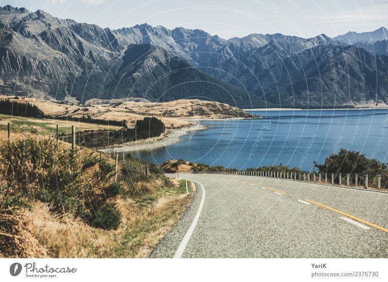 on the road again Landscape Water Horizon Summer Beautiful weather Mountain Lakeside Traffic infrastructure Motoring Street Freedom Tourism New Zealand