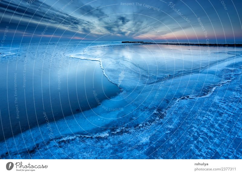 half frozen big lake in dusk, IJsselmeer, Netherlands Winter Nature Landscape Sky Horizon Weather Wind Coast Lake Wood Blue Serene water Break water Frozen ice