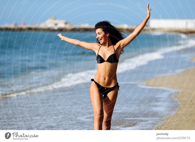 Young Arabic Woman Beautiful Body Swimwear Smiling Tropical Beach