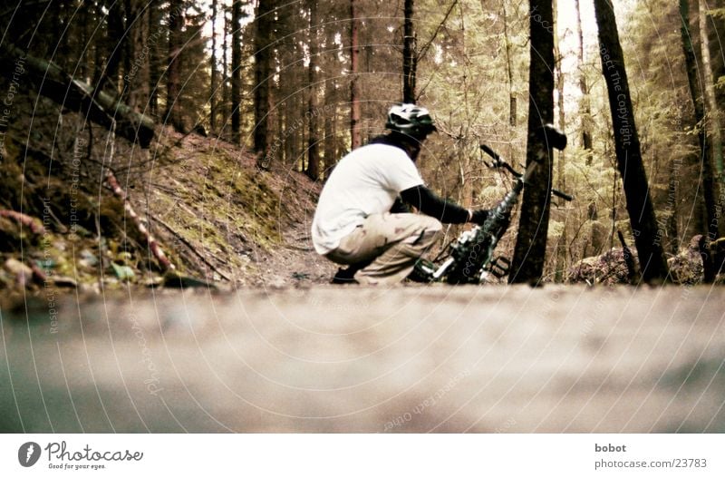 A biker squats quietly and mutely in the forest ... Mountain bike Bicycle Forest Leaf Wood Tree bark Perspire Endurance Suspension Crouch Helmet Transport