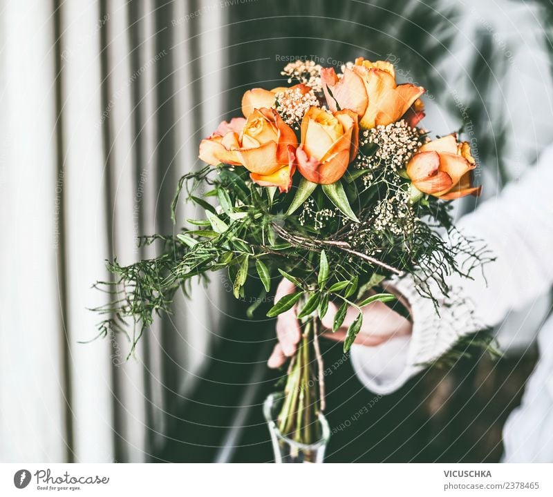 Female hand with roses bouquet of flowers Style Design Living or residing Interior design Decoration Event Human being Feminine Woman Adults Hand Flower Rose