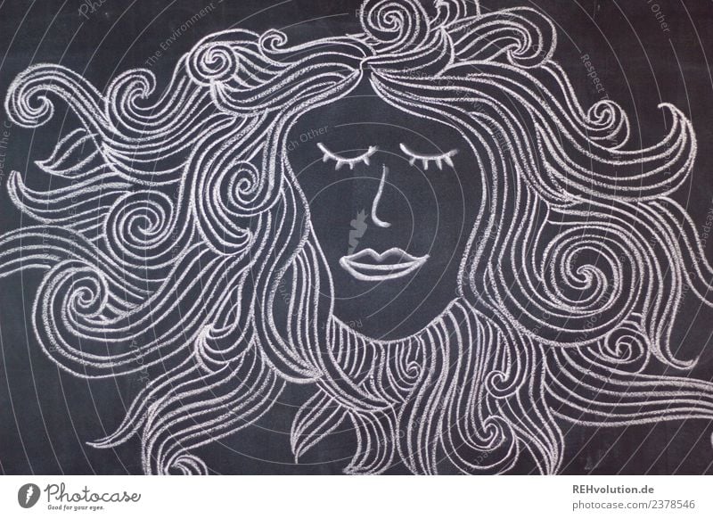 blackboard drawing | hairstyle Human being Feminine Head Hair and hairstyles Face 1 Long-haired To enjoy Dream Exceptional Black White Emotions Attentive Serene