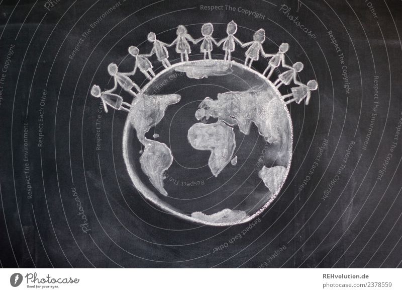 blackboard drawing | globe with people Human being Group Crowd of people Environment Globe Stand Together Happy Environmental pollution Environmental protection