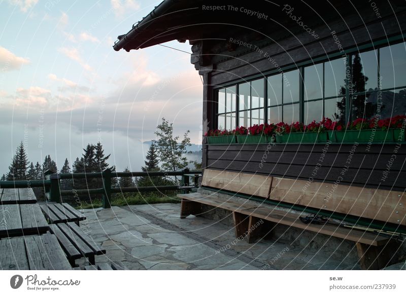morning mood Clouds Summer Beautiful weather Alps Mountain Chalk alps Karwendelgebirge Hut Facade Window Table Bench Relaxation Dawn Vacation & Travel Freedom