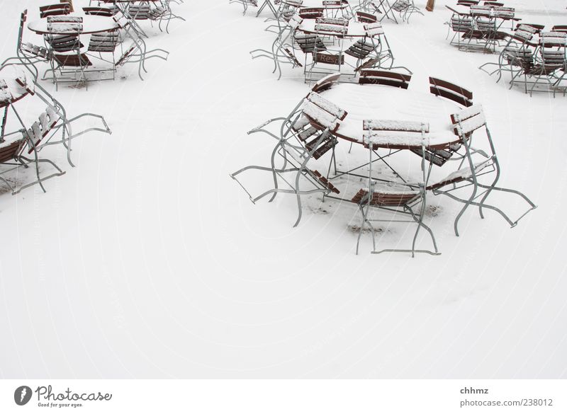waiting for spring Restaurant Café Beer garden Terrace Gastronomy Winter Ice Frost Snow Table Chair Folding chair White Closed Round Winter festival