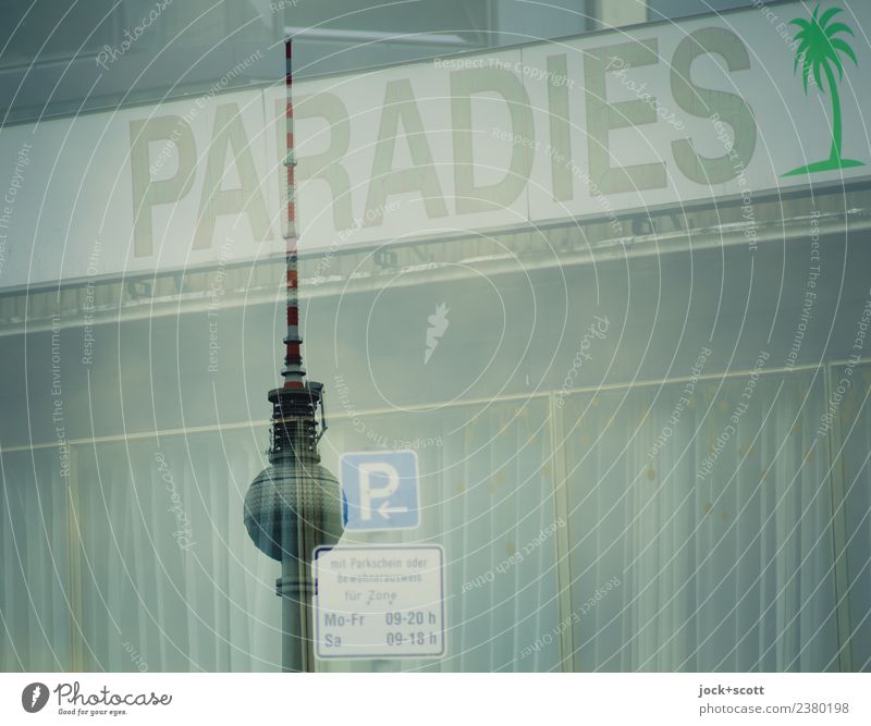 Paradise Parking Club Landmark Berlin TV Tower Parking lot Signs and labeling Road sign Uniqueness Target Double exposure Illusion Time Word Pictogram