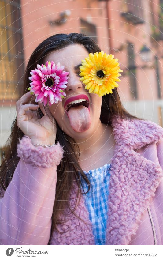 Crazy woman enjoying spring Joy Beautiful Health care Adventure Feminine Young woman Youth (Young adults) Face Flower Town Laughter Cool (slang) Friendliness