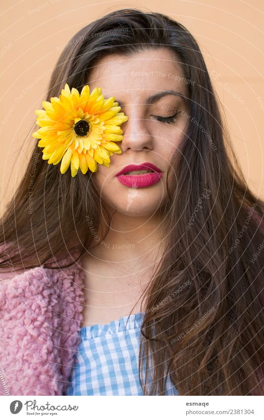 Portrait of Young woman with flower in her eye Lifestyle Joy Beautiful Face Health care Alternative medicine Allergy Wellness Meditation Feminine