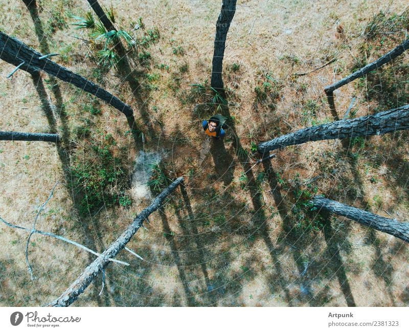 An aerial view of a hiker in the woods looking up Forest Hiking Camping Tree Backpack Lanes & trails Adventure Summer Grass Nature Exterior shot Aircraft Drone