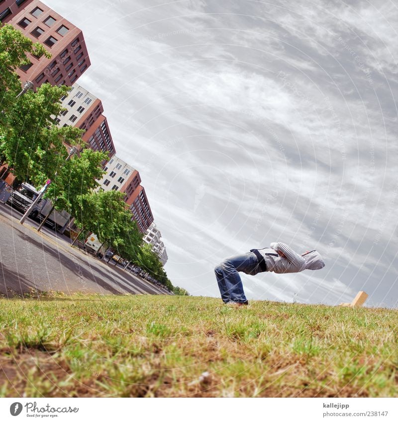 earth axis Human being Masculine Man Adults 1 Sky Clouds Summer Tree Grass Meadow House (Residential Structure) Traffic infrastructure Street Lanes & trails