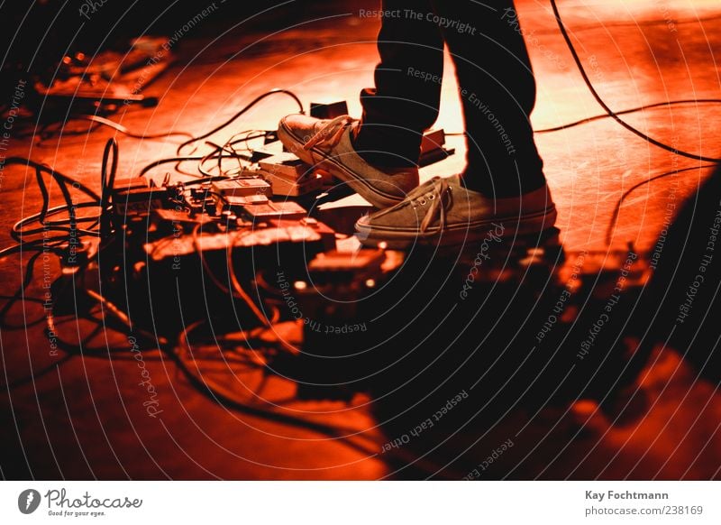 . Musician Guitarist Entertainment Cable Additional percussion Human being Masculine Feet 1 Stage Event Concert Jeans Footwear Red Colour photo Interior shot