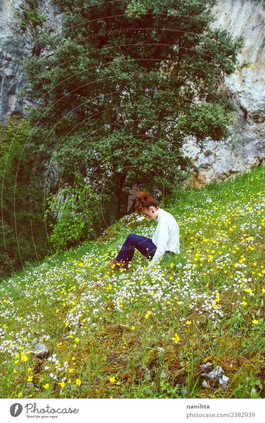 Young woman alone in a huge field of flowers Lifestyle Healthy Wellness Harmonious Well-being Senses Relaxation Calm Meditation Vacation & Travel Tourism