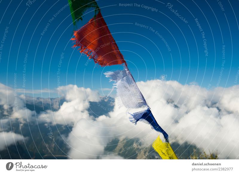 on top Sky Wind Mountain Peak Flag Prayer flags Blue Adventure Effort Success Belief Religion and faith Multicoloured Deserted Copy Space left Copy Space right
