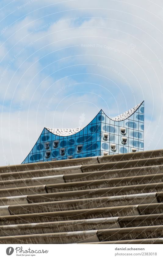 Hamburg staircase Architecture Stairs Facade Tourist Attraction Landmark Elbe Philharmonic Hall Modern Blue Gray White Uniqueness Elegant Subdued colour