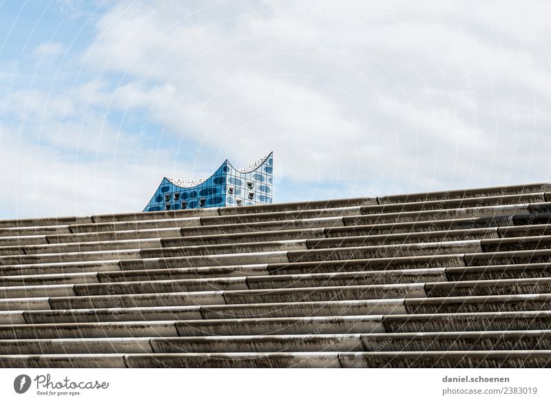 staircase Tourism City trip Hamburg Town Port City Architecture Stairs Tourist Attraction Landmark Elbe Philharmonic Hall Modern Blue White Subdued colour