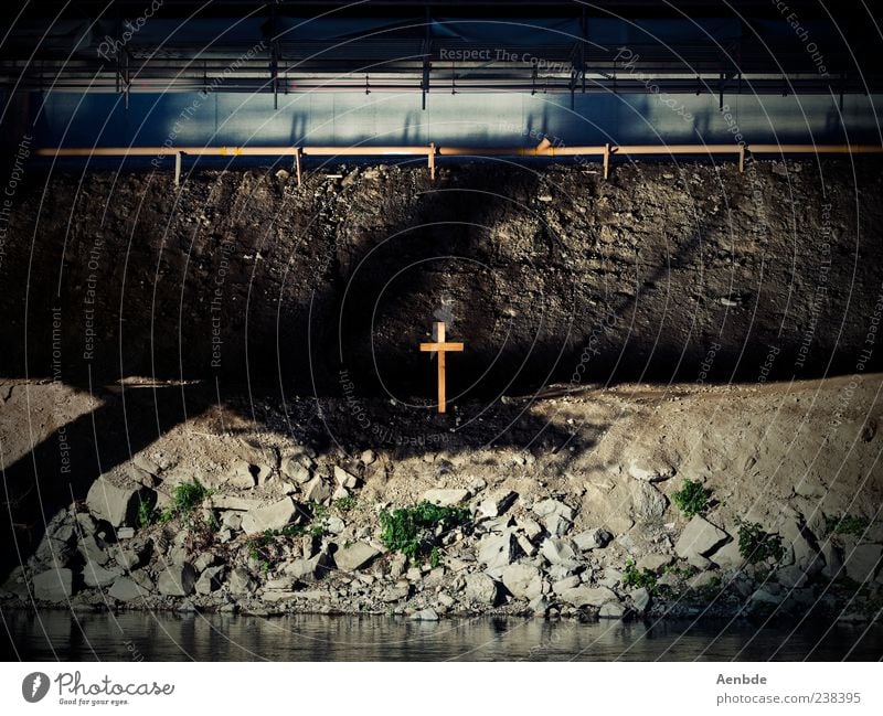under the bridge River bank Stone Wood Water Esthetic Exceptional Dirty Dark Gloomy Emotions Moody Belief Sadness Grief Death Crucifix Grave Bridge Colour photo