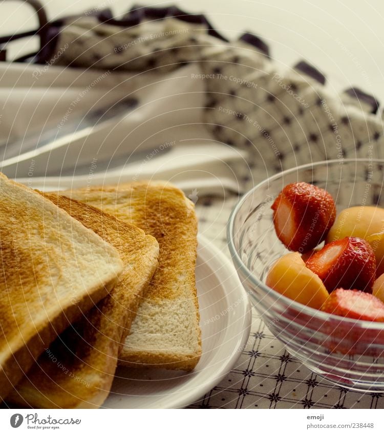 z'Morge in bed Food Fruit Bread Breakfast Buffet Brunch Vegetarian diet Cutlery Delicious Toast Crockery Colour photo Close-up Deserted Neutral Background