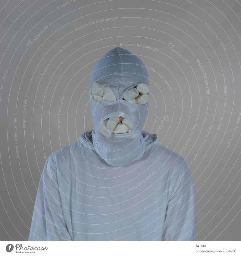 marshmallow terrorist Candy Androgynous 1 Human being fabric mask Threat Creepy Rebellious Crazy White Apocalyptic sentiment Cold Whimsical Colour photo
