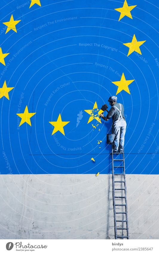 Banksy Grafitti in Dover. Brexit symbolism, star of Europe bank brexite European flag Craft (trade) Man Adults 1 Human being EU withdrawal Facade Sign Graffiti