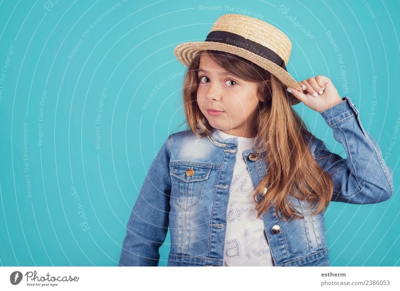 portrait of happy girl with hat on blue background Lifestyle Style Joy Vacation & Travel Tourism Trip Adventure Human being Feminine Girl Infancy 1 8 - 13 years