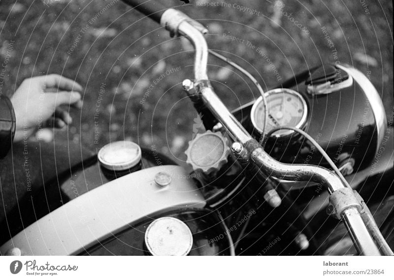 eagle Motorcycle Sixties Scooter Speedometer Hand Old fashioned Chrome Lamp Door handle Transport Bicycle handlebars Black & white photo Tank Brakes