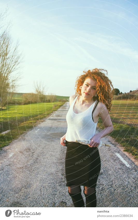 Young redhead woman and an old road as background Lifestyle Style Hair and hairstyles Wellness Vacation & Travel Trip Adventure Freedom Human being Feminine