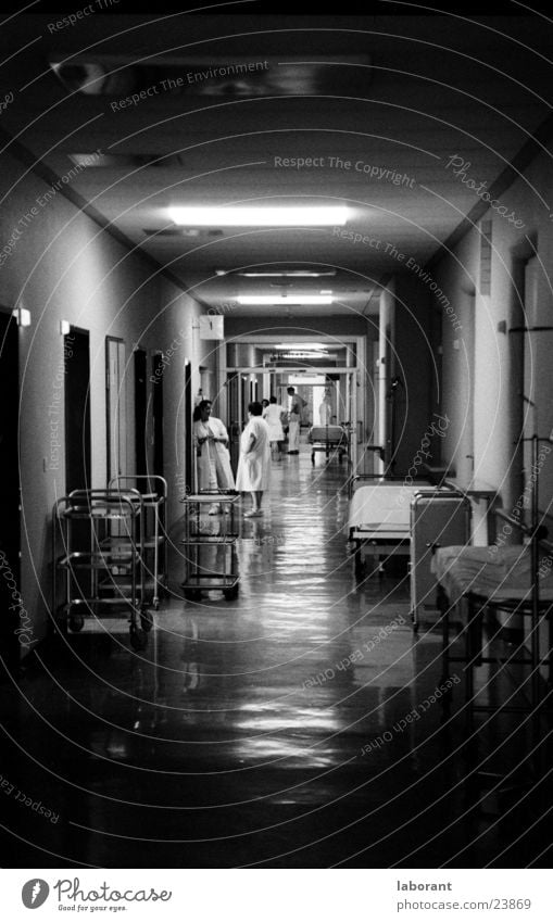 at night, when everything is asleep Hospital Hallway Night Light Lamp Dark Human being Black & white photo emergency service Carrying Corridor