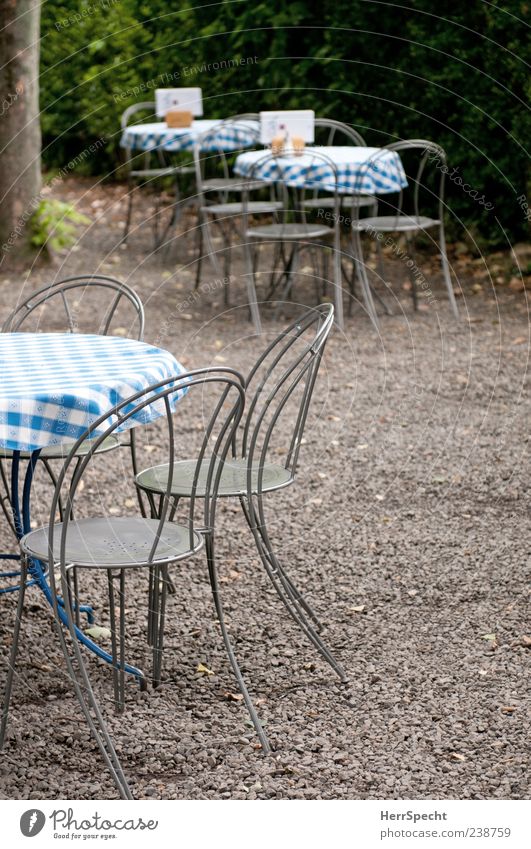 early season Restaurant Summer Blue Gray Garden restaurant Café Empty Table Chair Checkered Appealing Gravel Colour photo Exterior shot Copy Space right
